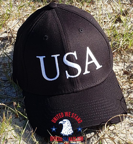 Black USA Hat with White USA text - Front at beach
