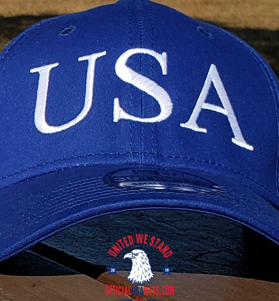 Blue USA Hat - Front on wood table close up