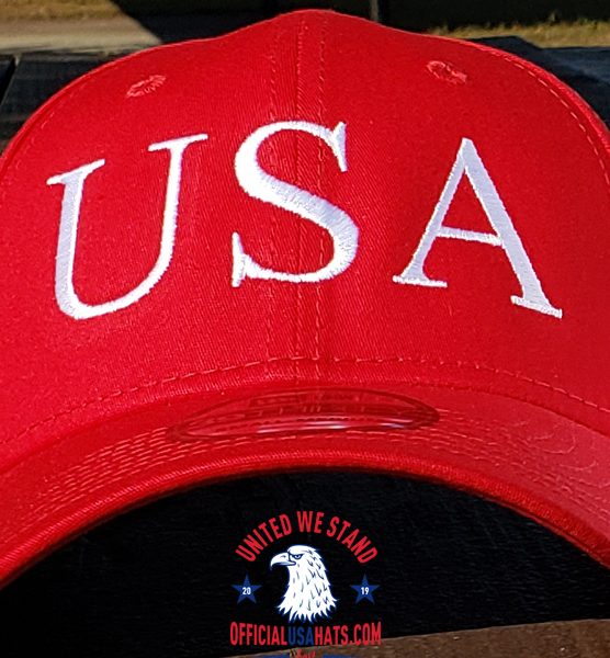 Red USA Hat - Front on wood table close up