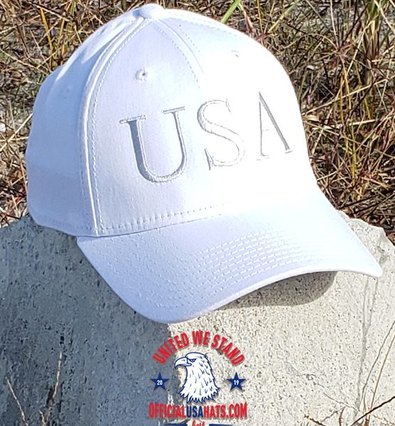 White USA Hat - Front on beach stone