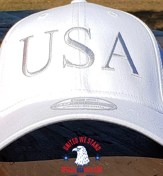 White USA Hat - Front on wood table close up