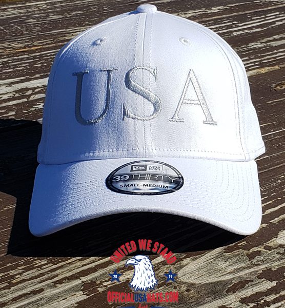 White USA Hat - Front on wood table