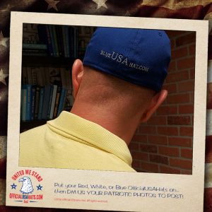 Guy wearing an Official Blue USA hat