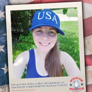 Happy girl in Official Blue USA hat outside for picnic