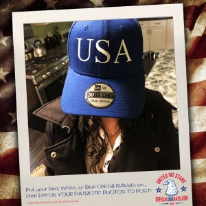 Girl wearing blue USA hat head down
