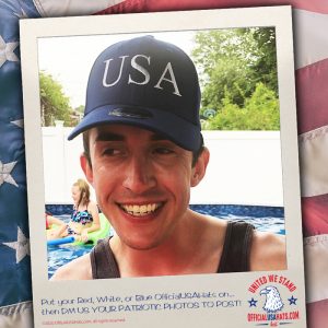 Guy wearing our blue hat at party