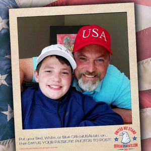 Father and son patriots in red and white official USA hats