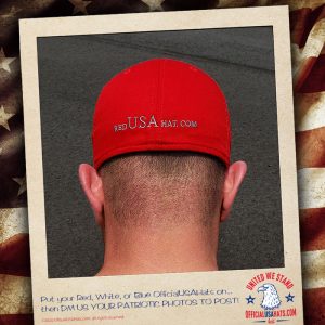 Guy showing off back of red USA hat