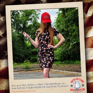 Girl wearing red Official USA hat in dress with head down