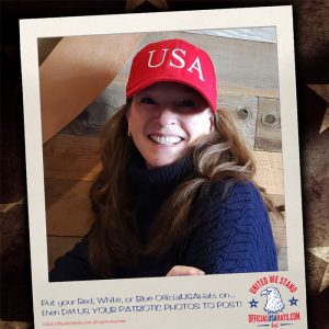 Cool lady smiling in our red USA hat