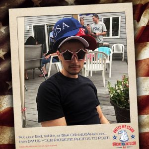 Fun guy at bbq wearing all of our red, white and blue hats