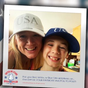 Mother and son wearing our Official USA hats in white and blue