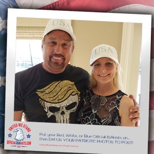 Patriotic awesome couple in matching white USA hats